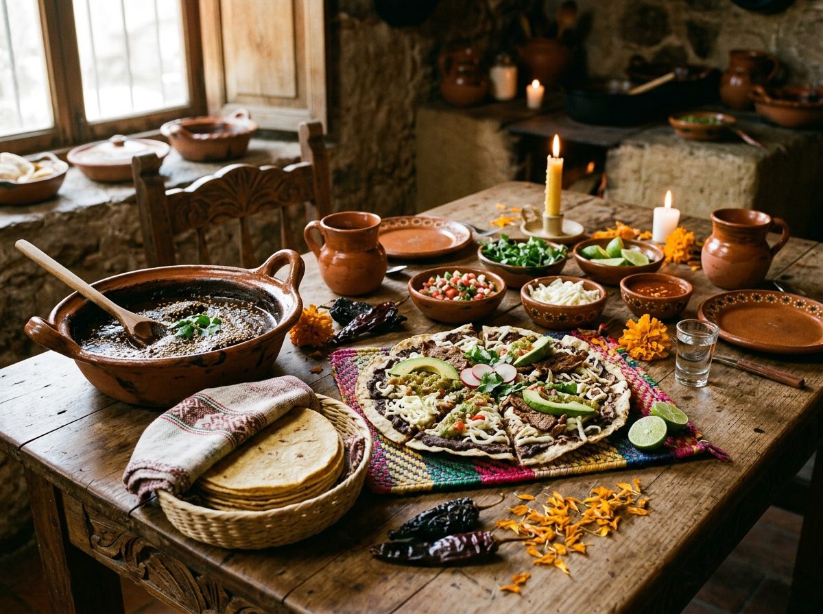 Rustic Mexican spread featuring mole, tlayudas, and fresh tortillas